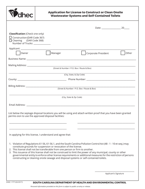 DHEC Form 1777  Printable Pdf