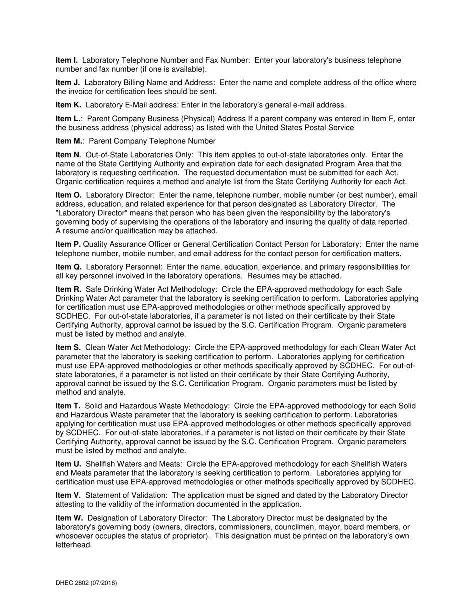 Instructions for DHEC Form 2802 Application for Environmental Laboratory Certification - South Carolina, Page 2