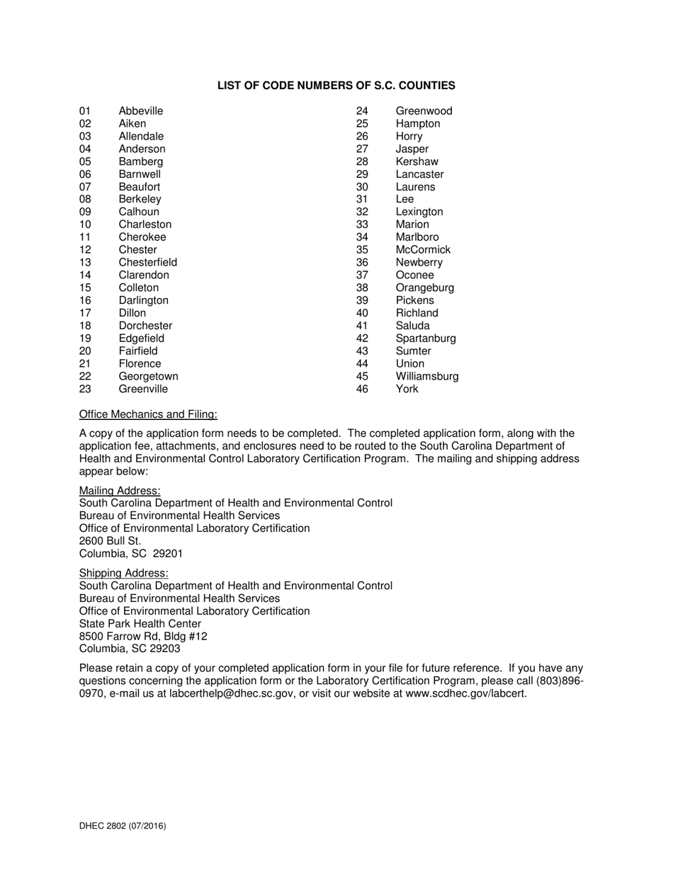 Instructions for DHEC Form 2802 Application for Environmental Laboratory Certification - South Carolina, Page 3