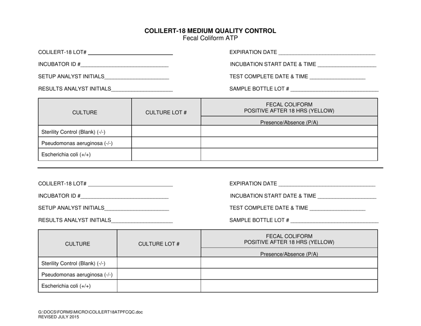 Colilert-18 Fecal Coliform Medium Quality Control Form - South Carolina Download Pdf