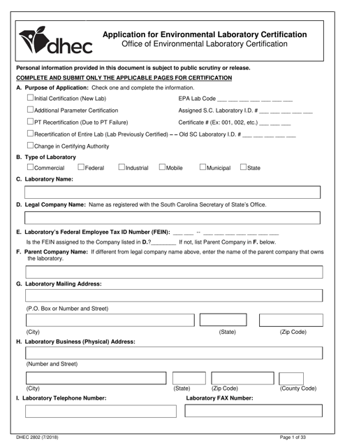 DHEC Form 2802  Printable Pdf
