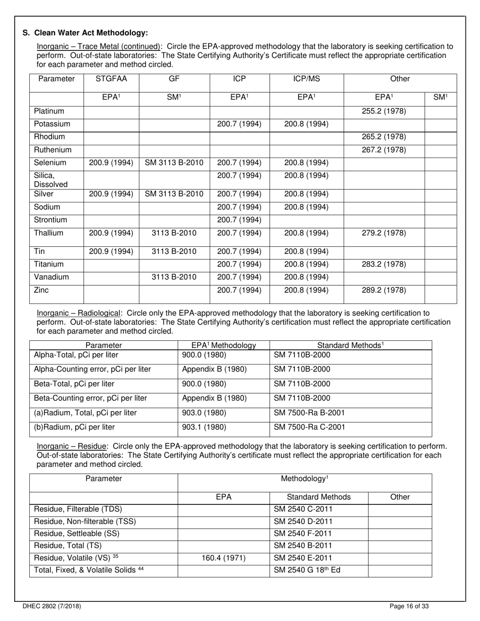 DHEC Form 2802 Application for Environmental Laboratory Certification - South Carolina, Page 16