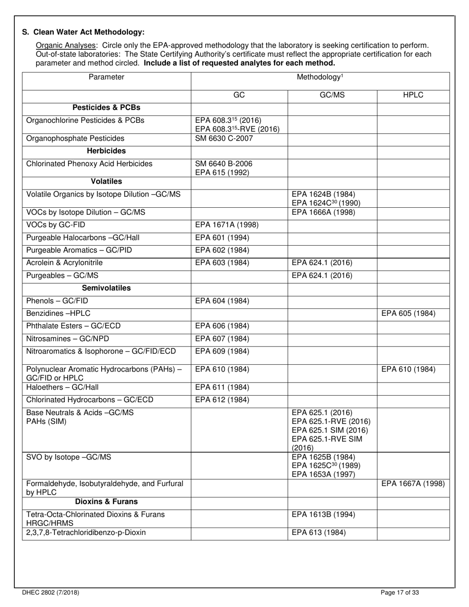 DHEC Form 2802 Application for Environmental Laboratory Certification - South Carolina, Page 17