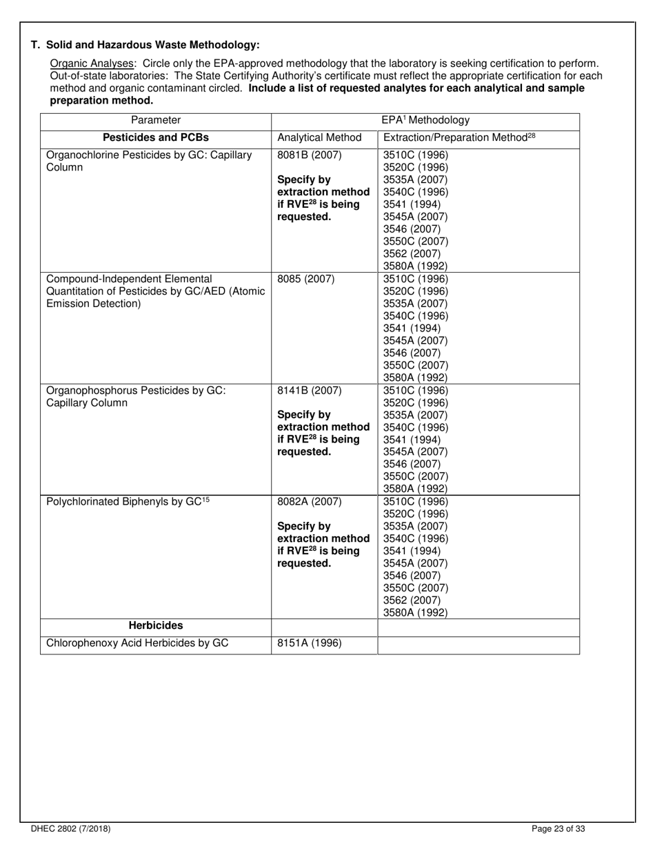 DHEC Form 2802 Application for Environmental Laboratory Certification - South Carolina, Page 23