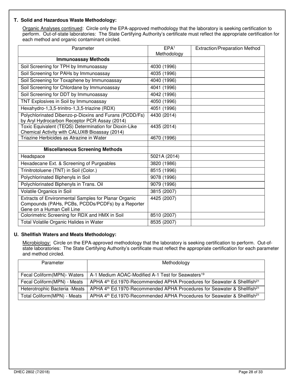 DHEC Form 2802 Application for Environmental Laboratory Certification - South Carolina, Page 28