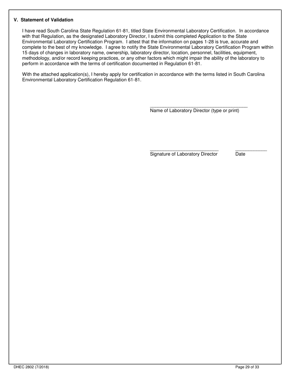DHEC Form 2802 Application for Environmental Laboratory Certification - South Carolina, Page 29