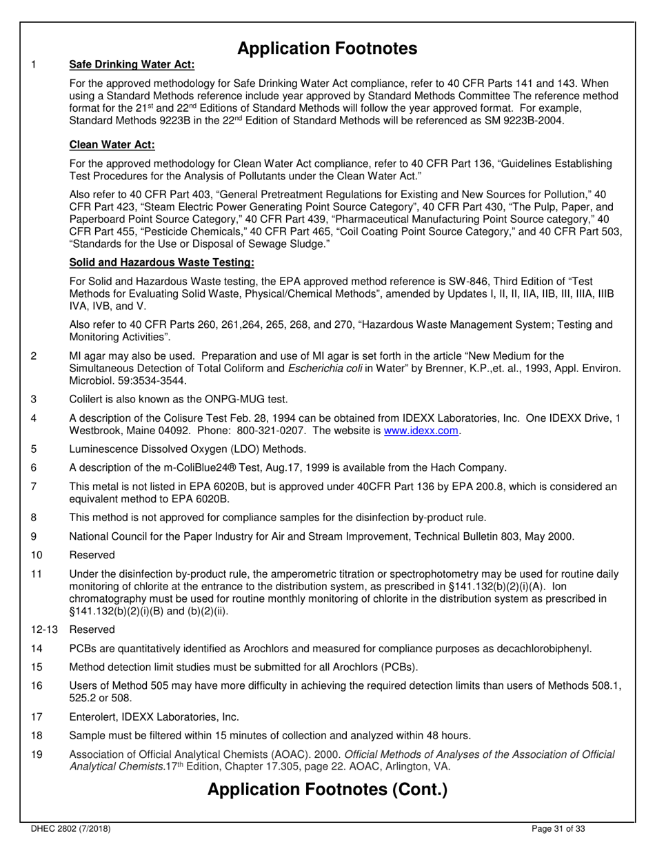 DHEC Form 2802 Application for Environmental Laboratory Certification - South Carolina, Page 31