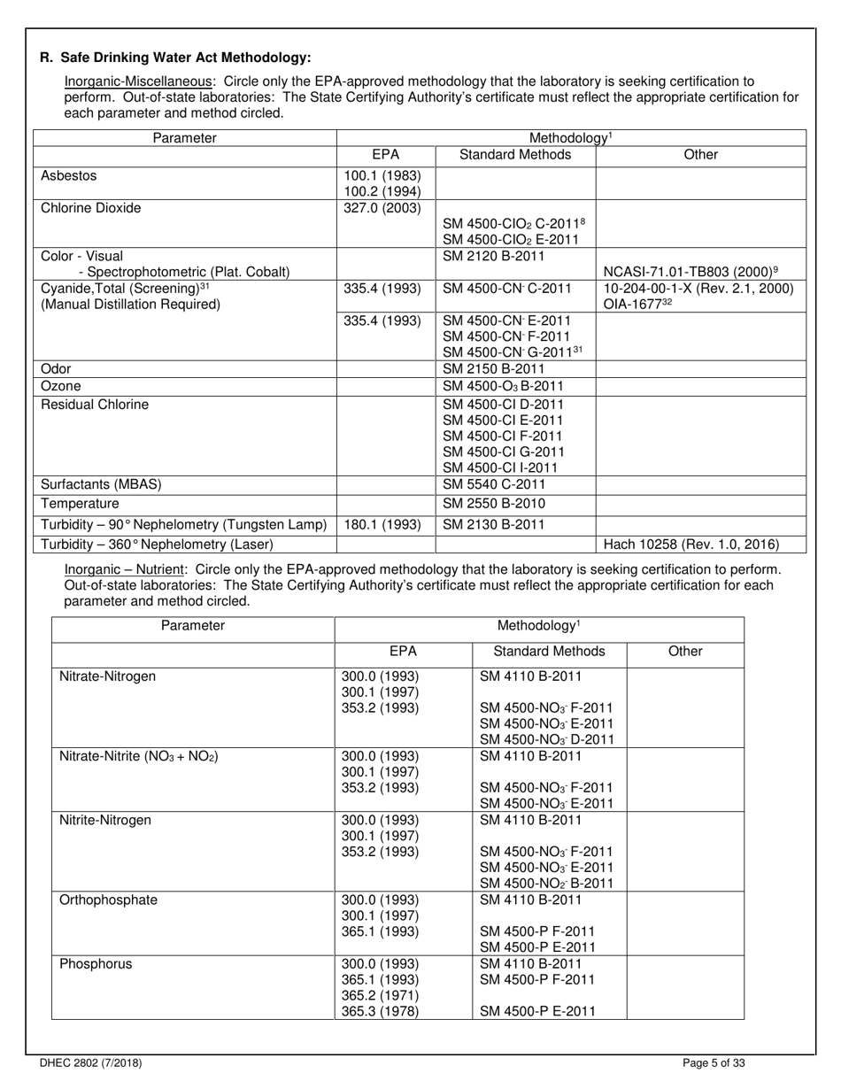 DHEC Form 2802 Application for Environmental Laboratory Certification - South Carolina, Page 5