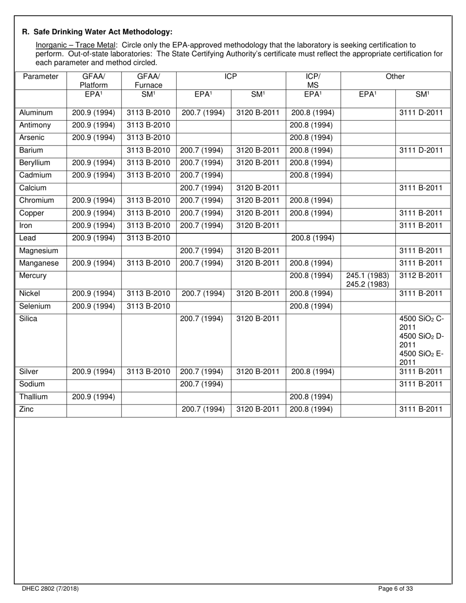 DHEC Form 2802 Application for Environmental Laboratory Certification - South Carolina, Page 6