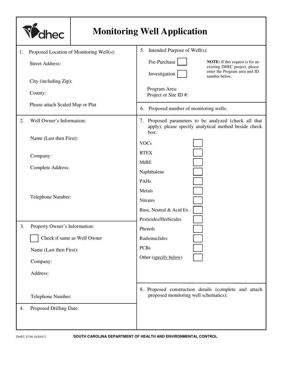 DHEC Form 3736 Monitoring Well Application - South Carolina, Page 1