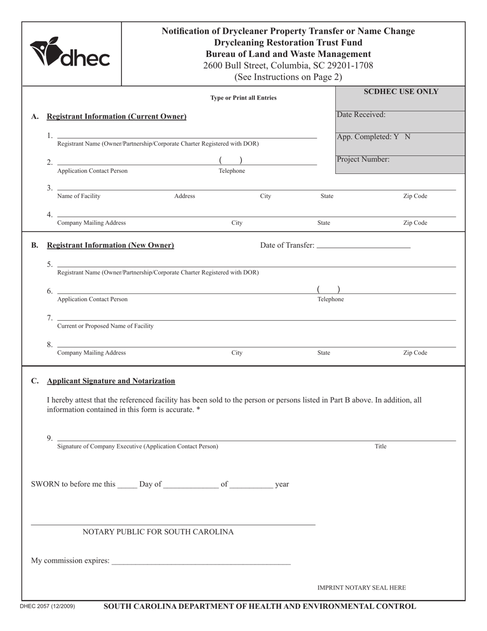 DHEC Form 2057 Notification of Drycleaner Property Transfer or Name Change - Drycleaning Restoration Trust Fund - South Carolina, Page 1