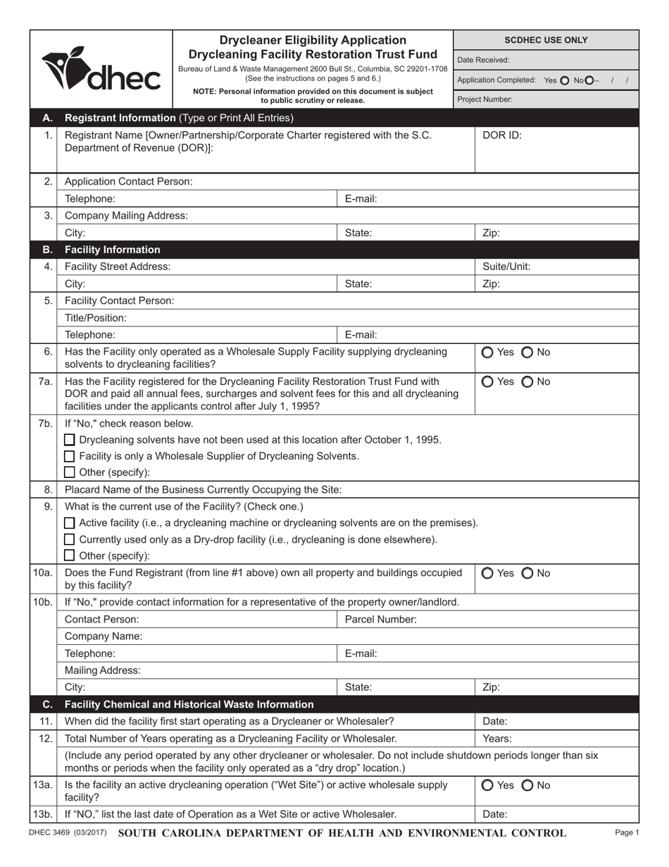 DHEC Form 3469 Drycleaner Eligibility Application - Drycleaning Facility Restoration Trust Fund - South Carolina, Page 1