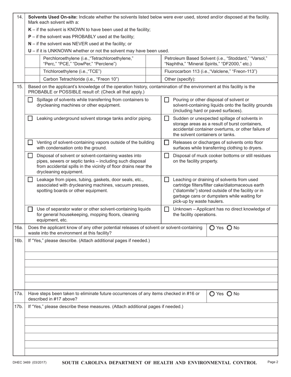 DHEC Form 3469 Drycleaner Eligibility Application - Drycleaning Facility Restoration Trust Fund - South Carolina, Page 2
