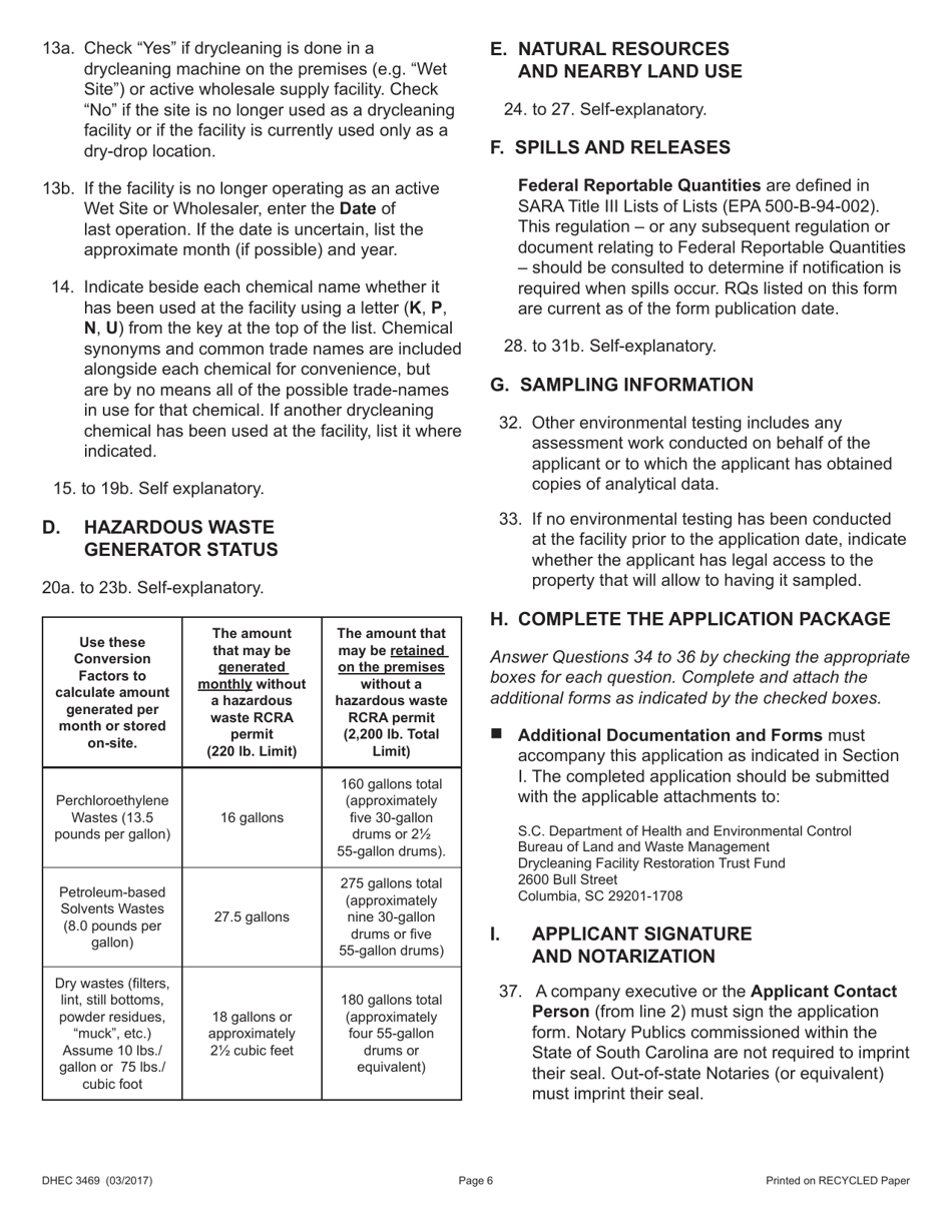 DHEC Form 3469 Drycleaner Eligibility Application - Drycleaning Facility Restoration Trust Fund - South Carolina, Page 6