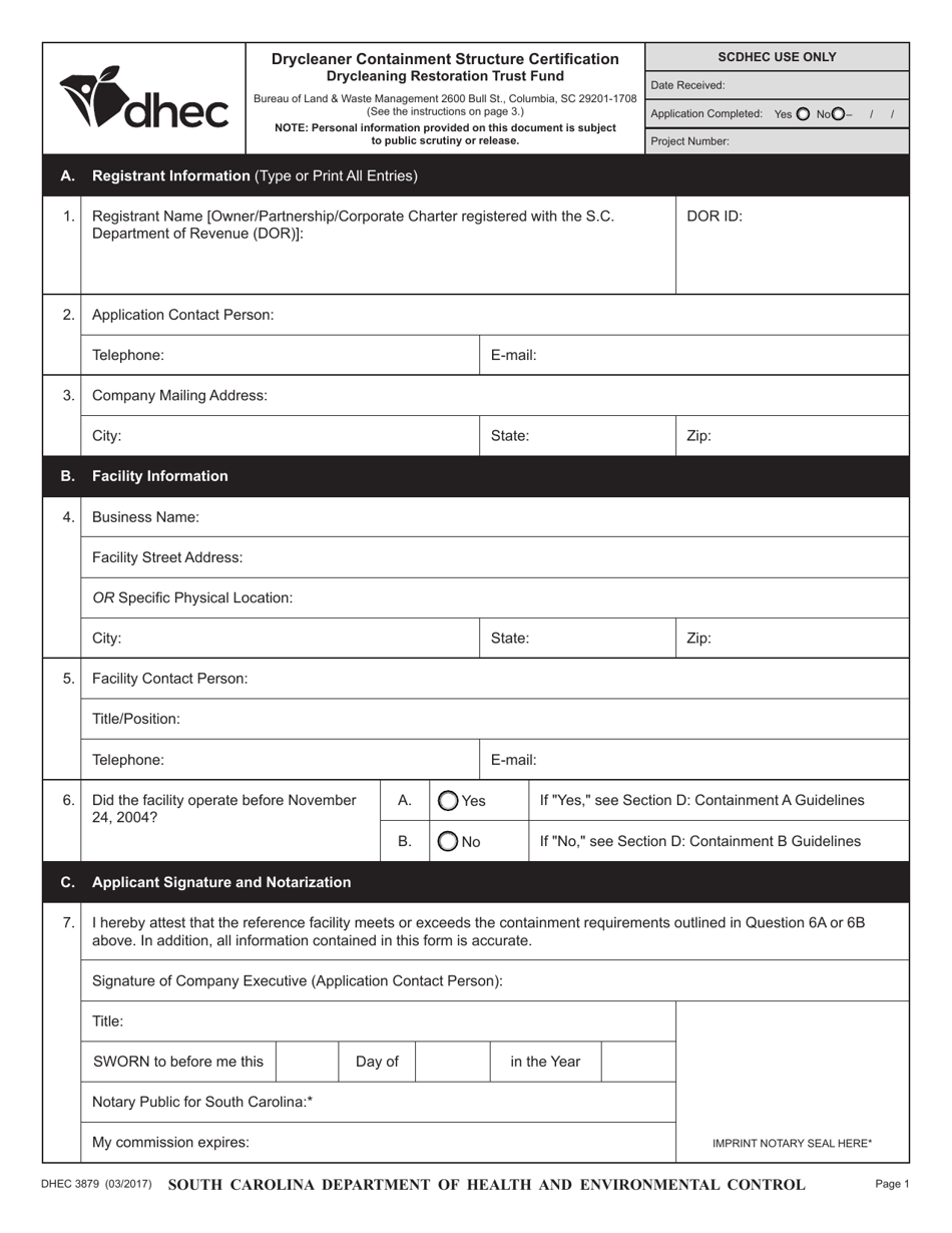 DHEC Form 3879 Drycleaner Containment Structure Certification - South Carolina, Page 1
