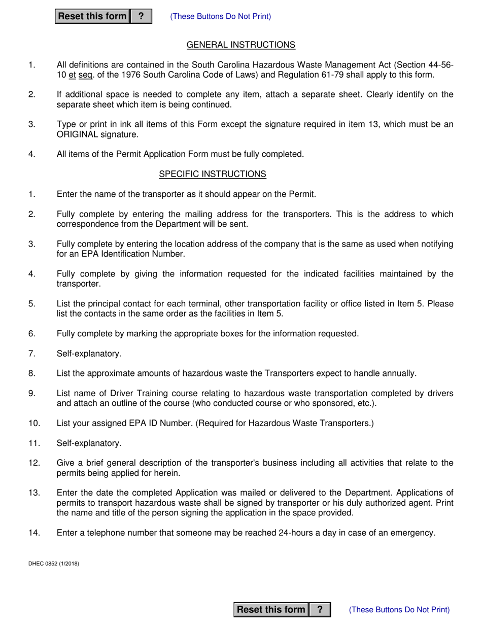 DHEC Form 0852 Application for Permit to Transport Hazardous Waste - South Carolina, Page 3