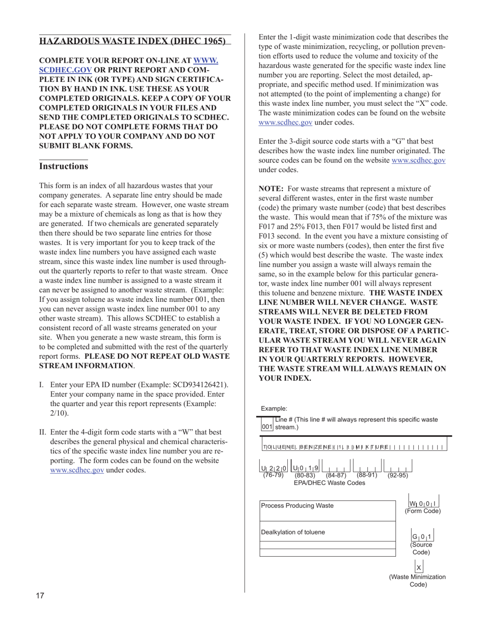 Instructions for DHEC Form 1965 Hazardous Waste Index - South Carolina, Page 1