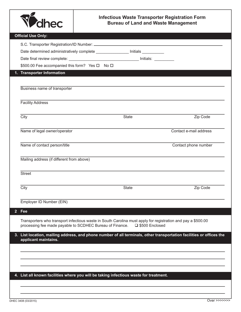 DHEC Form 3408 Infectious Waste Transporter Registration Form - South Carolina, Page 1