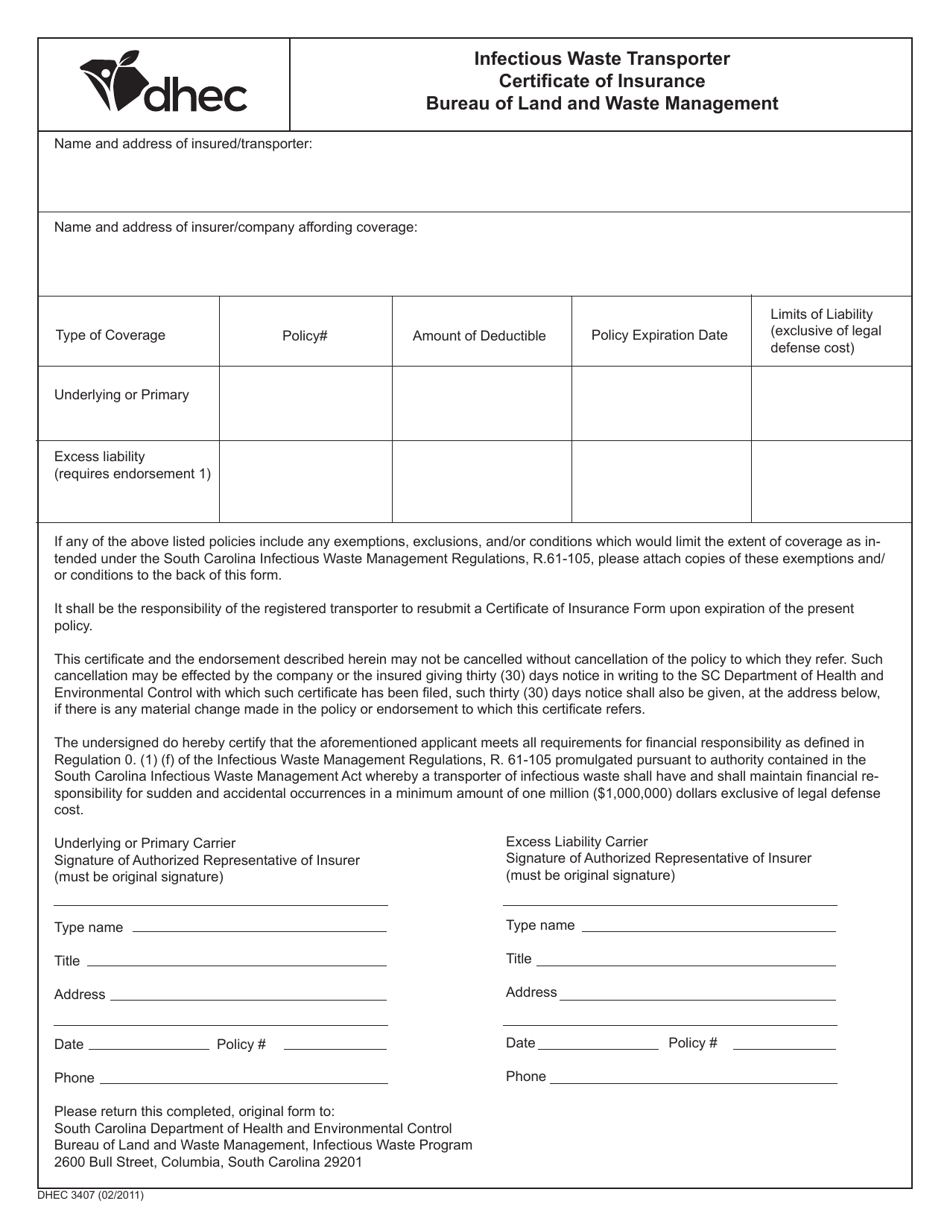 DHEC Form 3407 Infectious Waste Transporter Certificate of Insurance - South Carolina, Page 1
