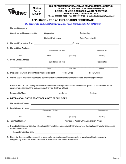 DHEC Form 3100 Mining Form Mr-200 - Application for an Exploration Certificate - South Carolina