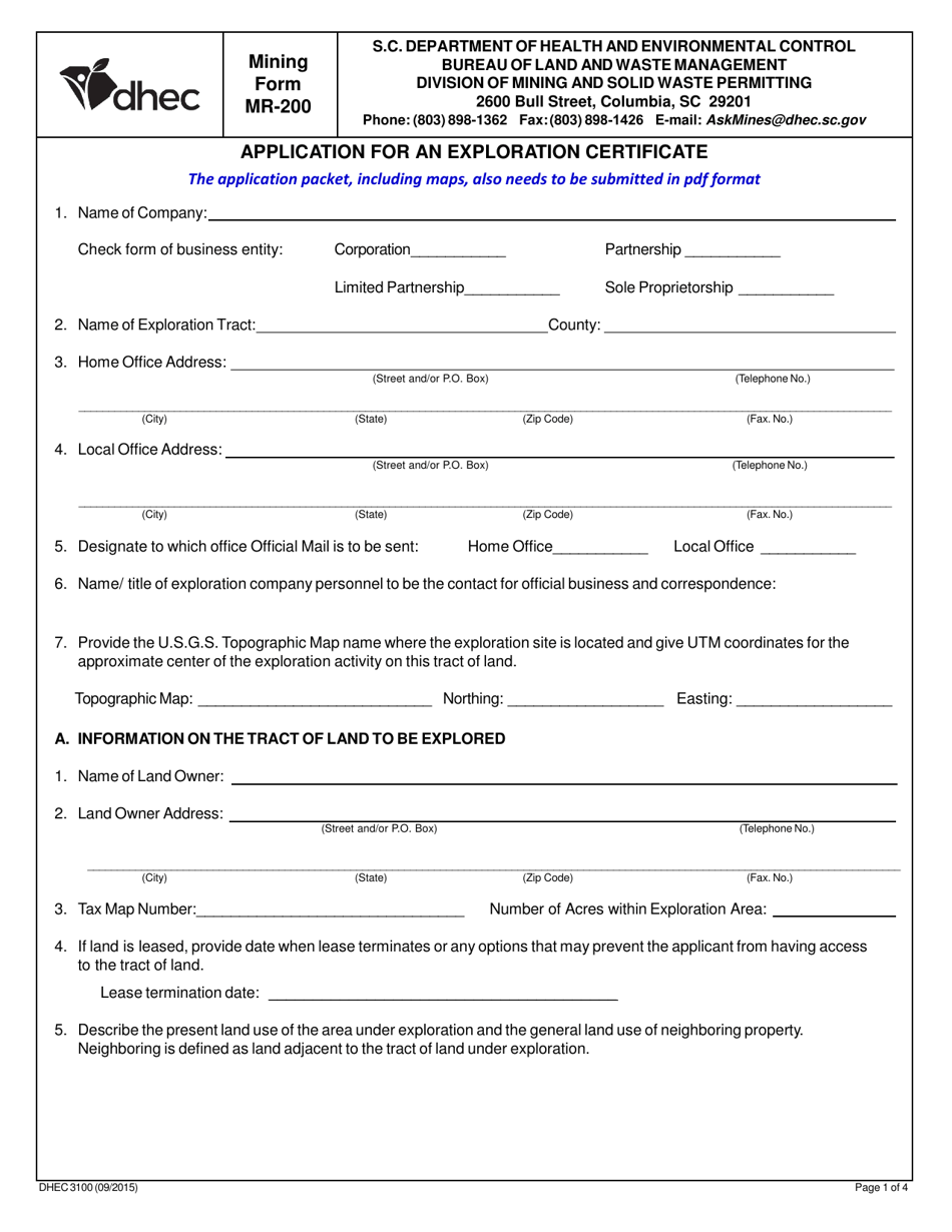 DHEC Form 3100 Mining Form Mr-200 - Application for an Exploration Certificate - South Carolina, Page 1