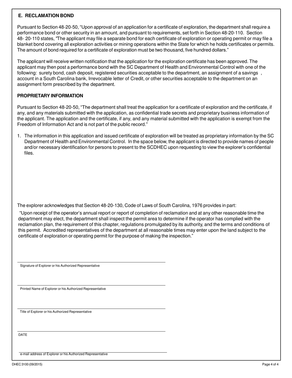 DHEC Form 3100 Mining Form Mr-200 - Application for an Exploration Certificate - South Carolina, Page 4