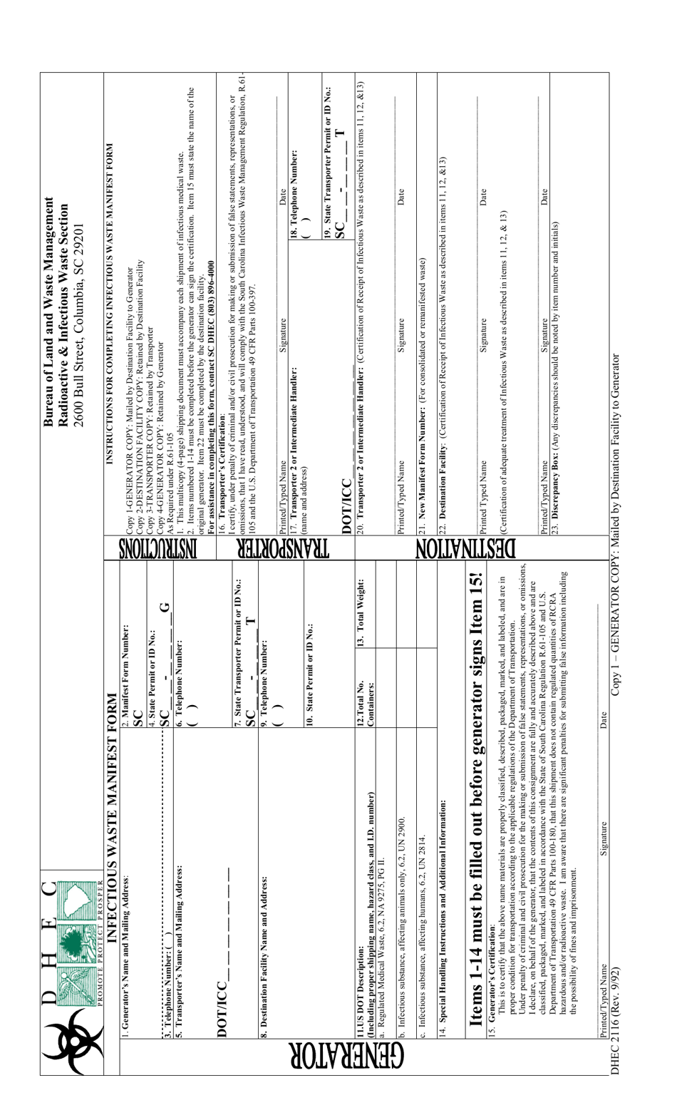 DHEC Form 2116 Infectious Waste Manifest Form - South Carolina, Page 1