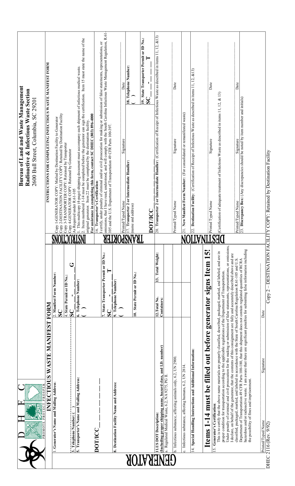 DHEC Form 2116 Infectious Waste Manifest Form - South Carolina, Page 2