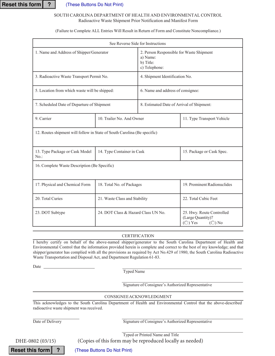 DHEC Form 0802 Radioactive Waste Shipment Prior Notification and Manifest Form - South Carolina, Page 1