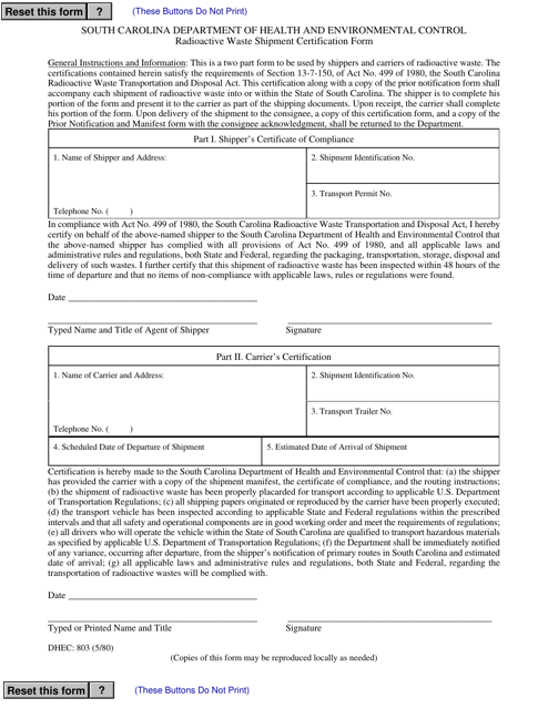 DHEC Form 803 Radioactive Waste Shipment Certification Form - South Carolina