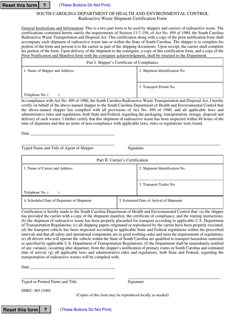 DHEC Form 803 - Fill Out, Sign Online and Download Fillable PDF, South ...