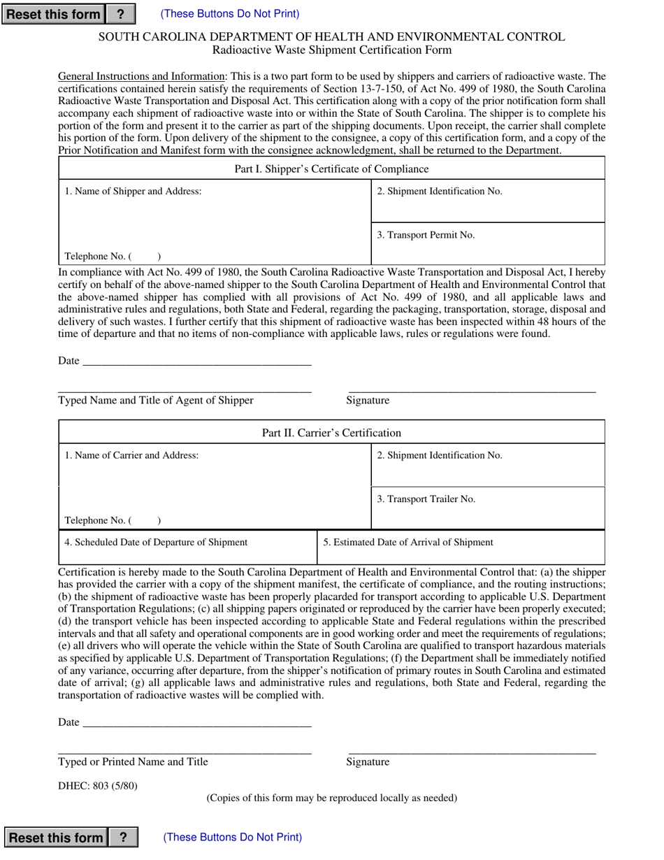 DHEC Form 803 Radioactive Waste Shipment Certification Form - South Carolina, Page 1