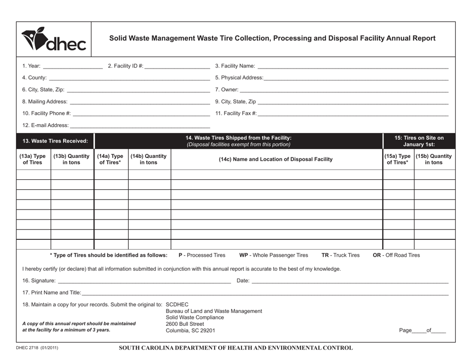 DHEC Form 2718 Solid Waste Management Waste Tire Collection, Processing and Disposal Facility Annual Report - South Carolina, Page 1