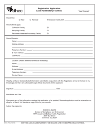 DHEC Form 2733 Lead-Acid Battery Facilities Registration Application - South Carolina