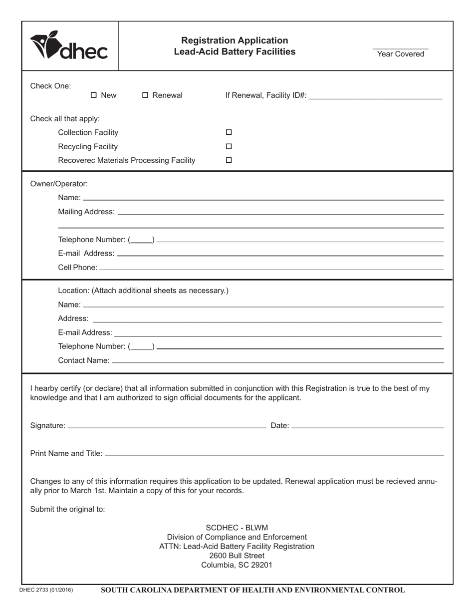 DHEC Form 2733 Lead-Acid Battery Facilities Registration Application - South Carolina, Page 1
