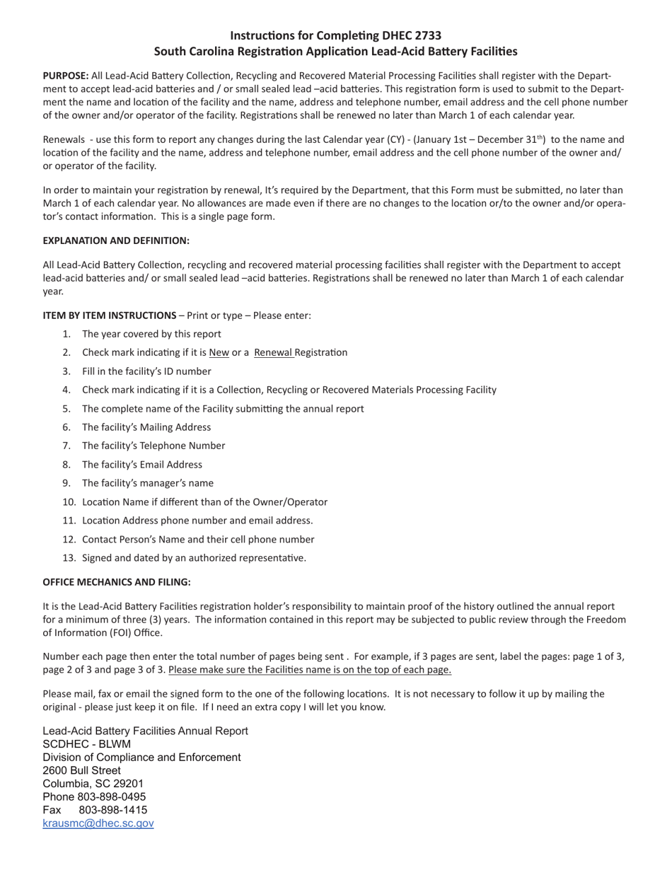 DHEC Form 2733 Lead-Acid Battery Facilities Registration Application - South Carolina, Page 2