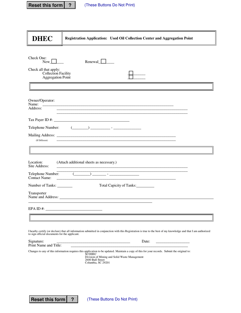 Registration Application: Used Oil Collection Center and Aggregation Point - South Carolina, Page 1