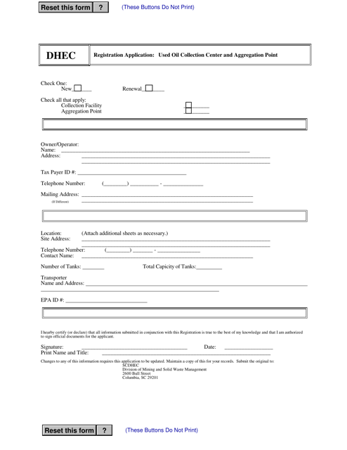 Registration Application: Used Oil Collection Center and Aggregation Point - South Carolina Download Pdf
