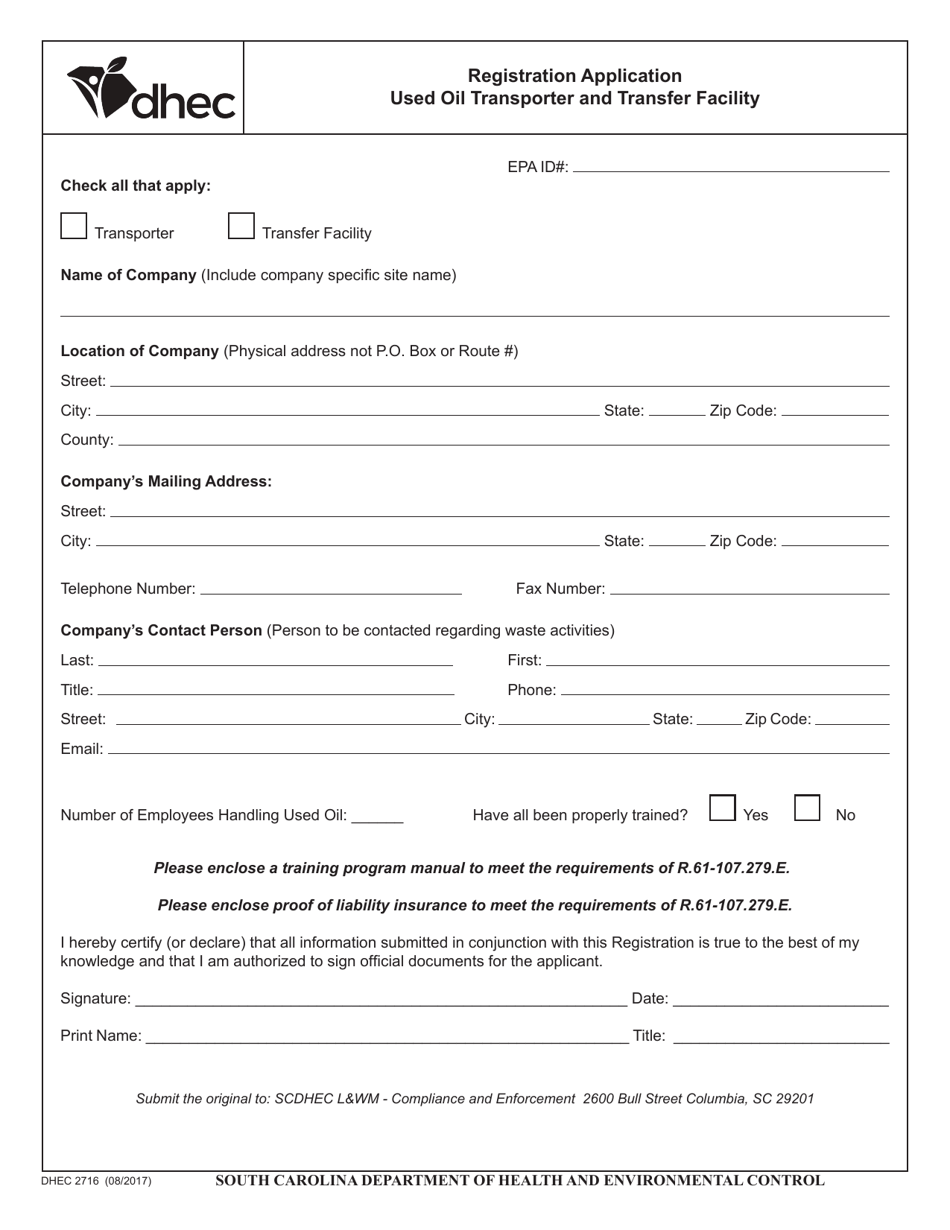 DHEC Form 2716 Used Oil Transporter and Transfer Facility Registration Application - South Carolina, Page 1