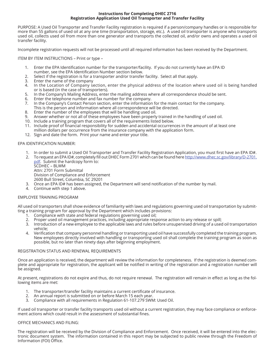 DHEC Form 2716 Used Oil Transporter and Transfer Facility Registration Application - South Carolina, Page 2