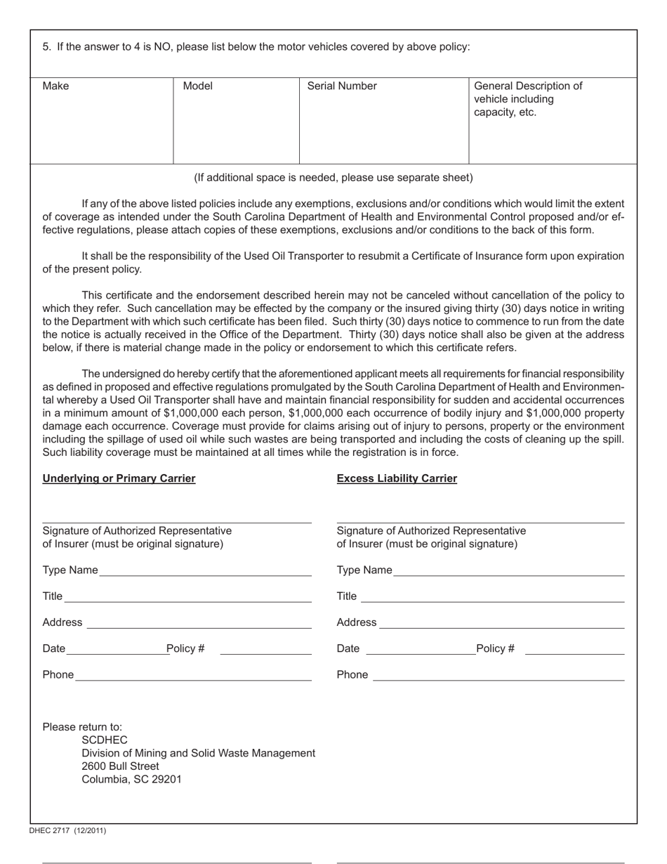 DHEC Form 2717 Used Oil Transporter Certificate of Insurance - South Carolina, Page 2