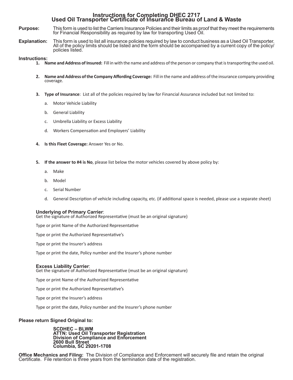 DHEC Form 2717 Used Oil Transporter Certificate of Insurance - South Carolina, Page 3