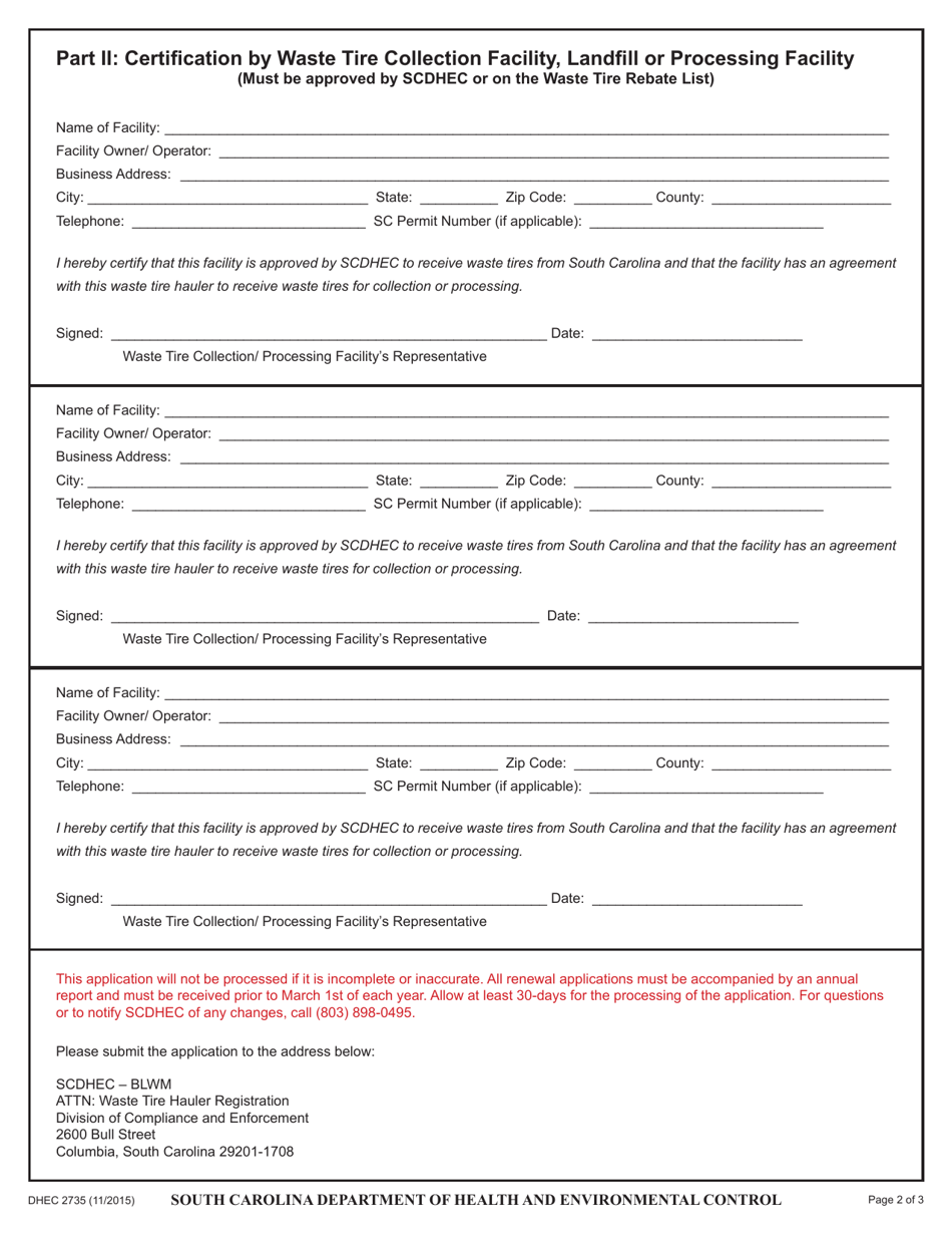 DHEC Form 2735 Application for South Carolina Waste Tire Hauler Registration - South Carolina, Page 2