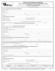 DHEC Form 2738 South Carolina Waste Tire Manifest Used for Waste Tires Hauled to a Waste Tire Collection Facility, Landfill or Processing Facility - South Carolina
