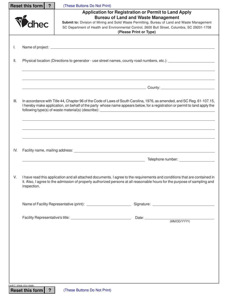 DHEC Form 3568 Application for Registration or Permit to Land Apply - South Carolina, Page 1