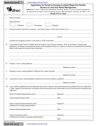 Document preview: DHEC Form 3571 Application for Permit to Construct a Solid Waste Tire Facility - South Carolina