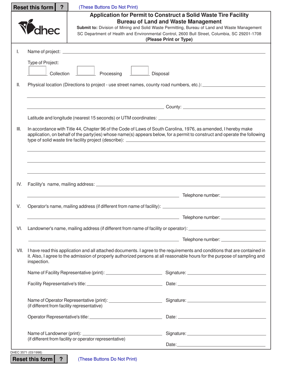 DHEC Form 3571 Application for Permit to Construct a Solid Waste Tire Facility - South Carolina, Page 1