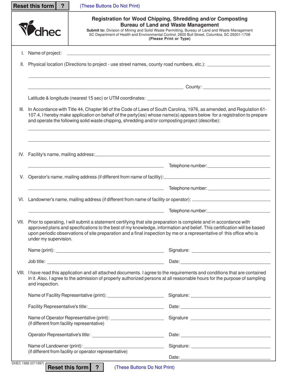 DHEC Form 1988 Registration for Wood Chipping, Shredding and/or Composting - South Carolina, Page 1