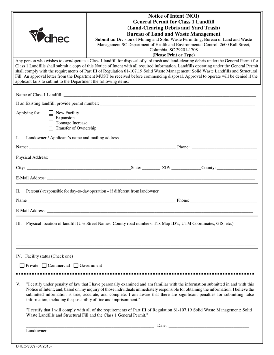 DHEC Form 3569 Notice of Intent (Noi) General Permit for Class 1 Landfill (Land-Clearing Debris and Yard Trash) - South Carolina, Page 1