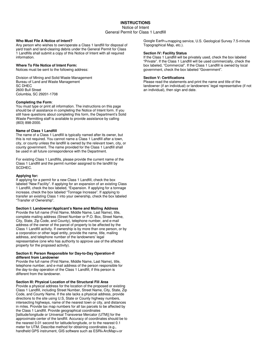DHEC Form 3569 Notice of Intent (Noi) General Permit for Class 1 Landfill (Land-Clearing Debris and Yard Trash) - South Carolina, Page 2
